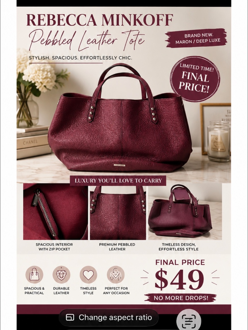 Rebecca Minkoff Pebbled Leather Tote in Burgundy
